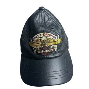 Vintage Harley-Davidson Black Leather Baseball Cap Hat Embroidered Eagle Logo‎